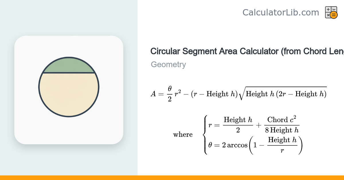 Circular Segment Area Calculator (Chord & Height) - CalculatorLib